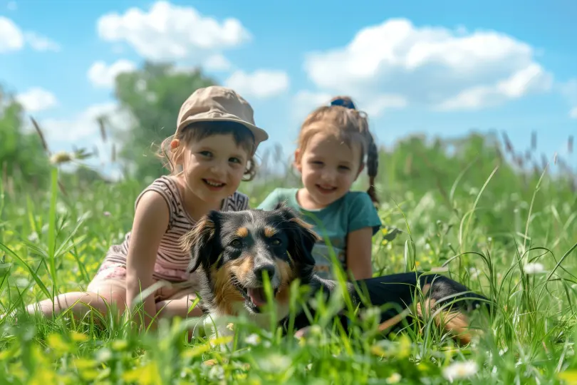 Kinder und Hund auf der Wiese