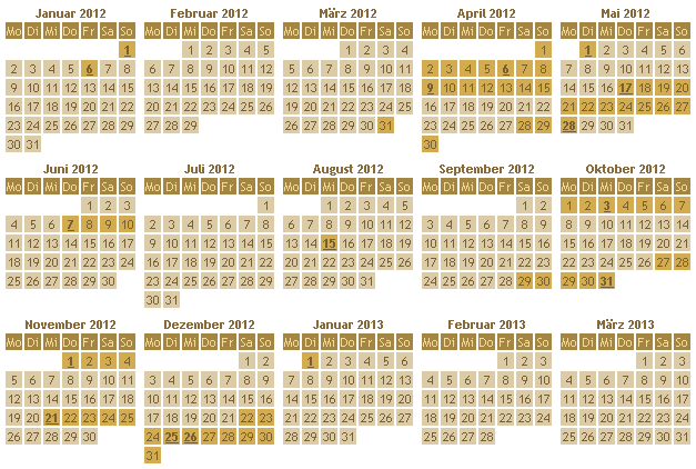 Übersicht der Feier- und Brückentage 2012