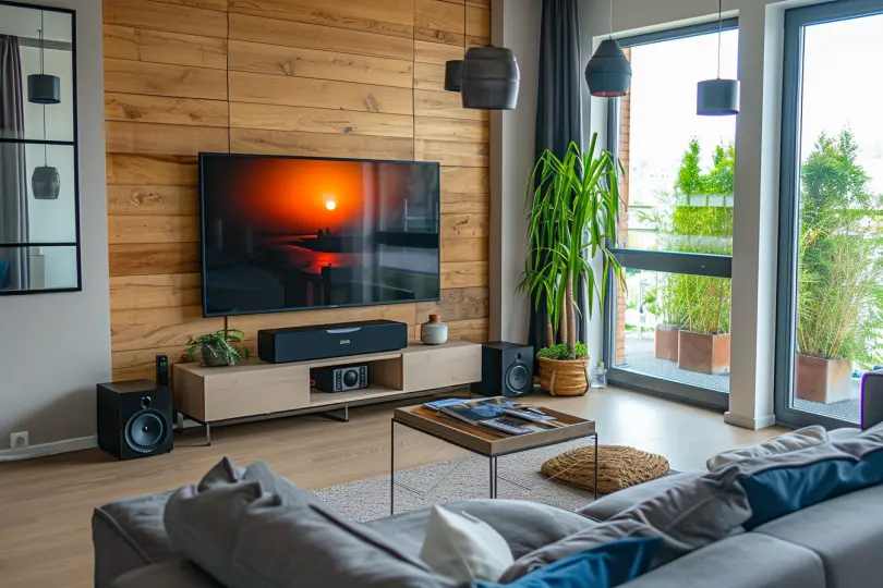 Modernes Wohnzimmer mit Smart-TV und Stereo-Anlage